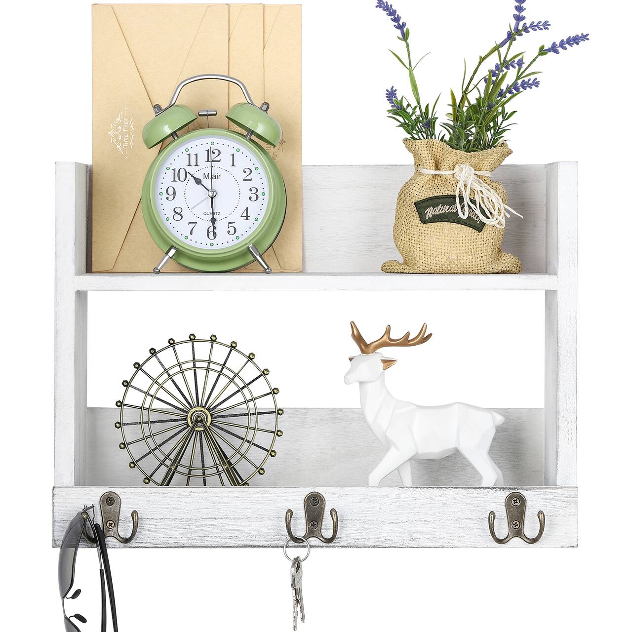 Rustic Wood Floating Storage Shelf with 3 Hooks